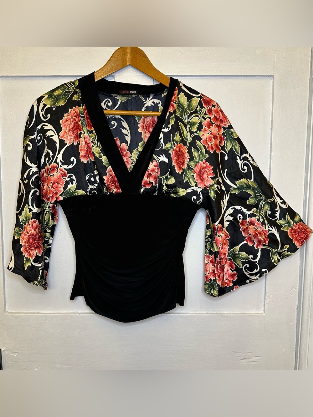 Black Floral V-Neck Rouched Blouse with Red Floral Kimono Sleeves
